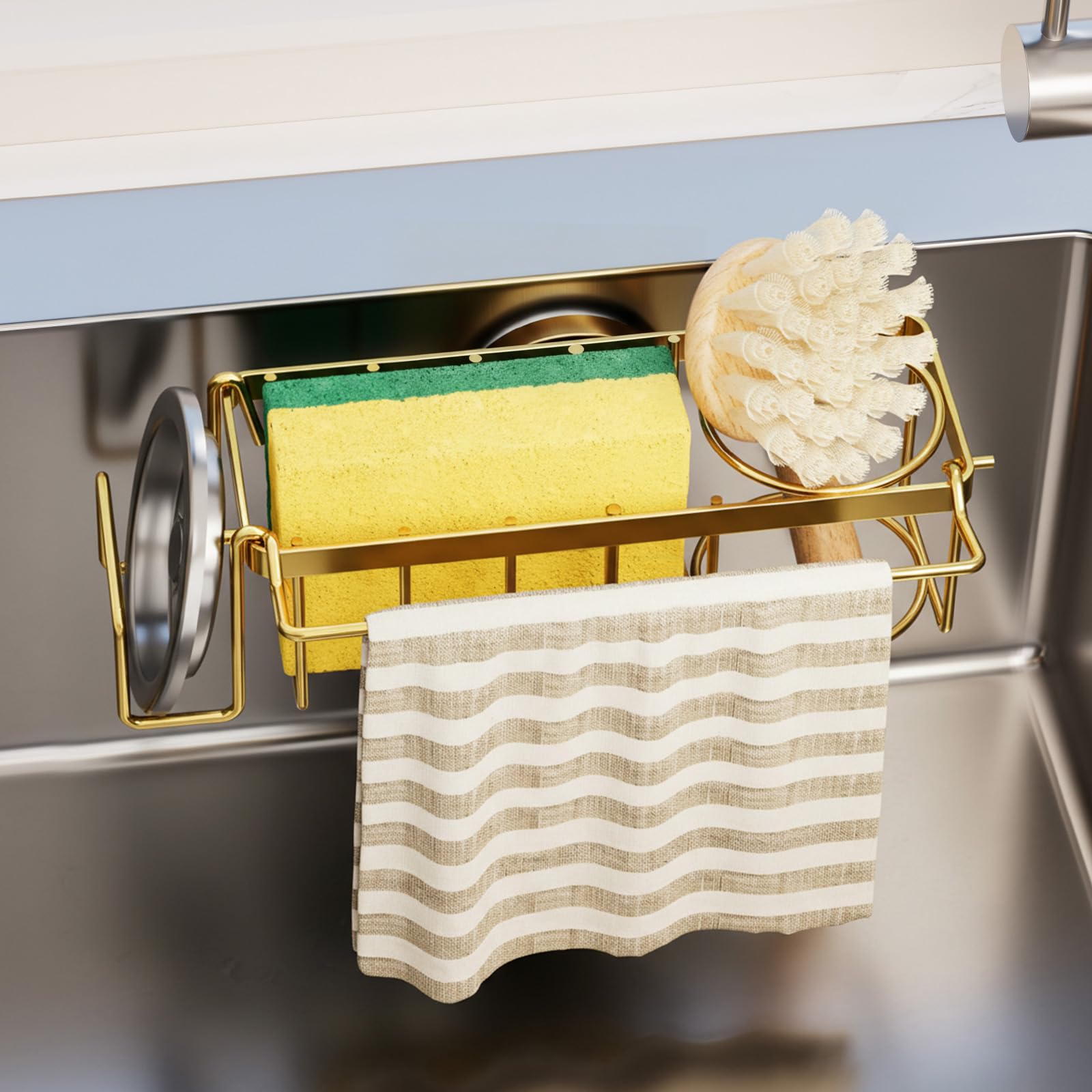Photo 1 of *UNTESTED*
TAILI 4-in-1 Sponge Holder for Kitchen Sink with Strong Suction Cup Removable, Rustproof Stainless Steel Sink Caddy for Sponge, Brush, Scrubber, Scraper -Gold