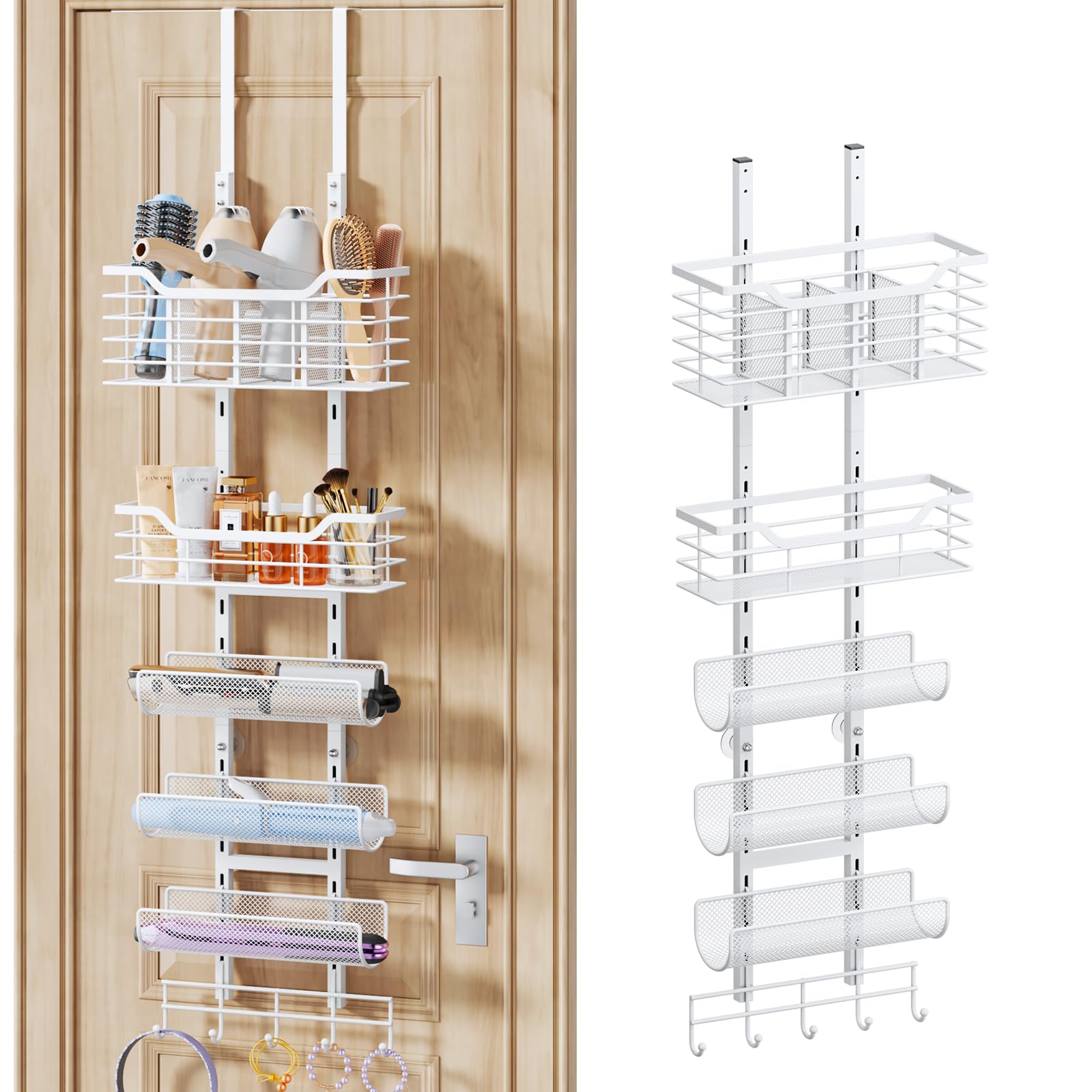 Photo 1 of **UNKNOWN DAMAGES/MISSING PIECES** Consmest 6-Tier Hair Tool Organizer - Hair Dryer Holder Over The Door/Wall Mounted DIY Adjustable Shelf Bathroom Door Organizer with Hook for Curling Iron/Blow Dryer/Straightener White