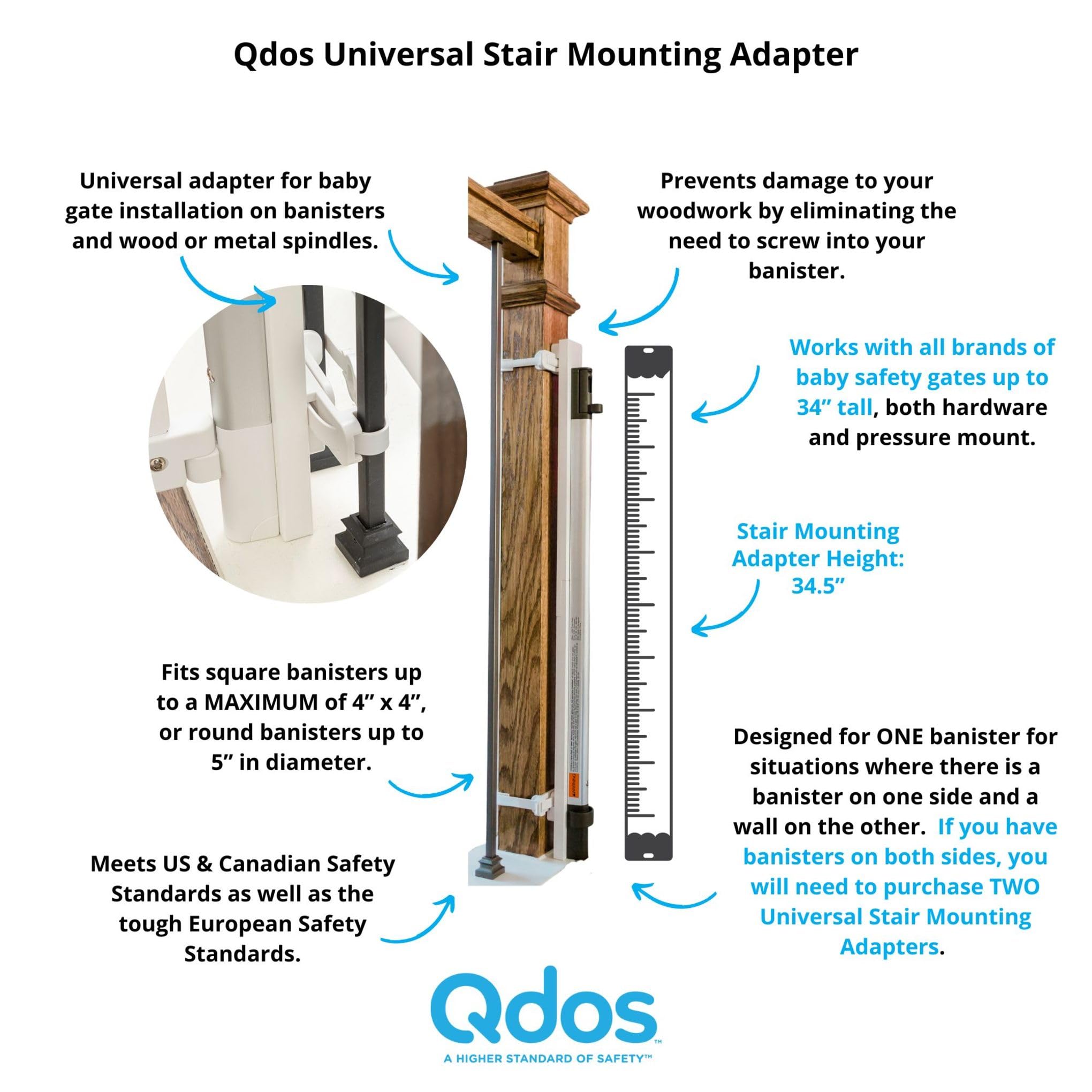 Qdos Safety Universal Stair Mounting Adapter for All Baby Gates | White | Universal Solution for Gate Installation on Banisters and Spindles - No Screws in Banister - Easy Installation
