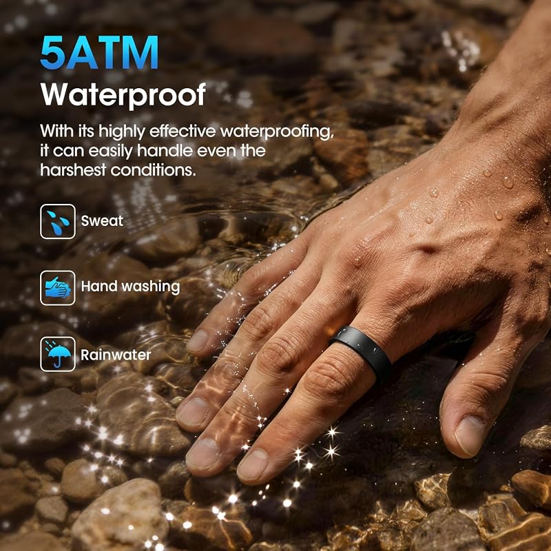 Bague Connectée Homme Femme, Smart Ring avec Commande Gestuelle, Fréquence Cardiaque(HRV), SpO2, Sommeil, 170+ Modes Sportifs, Smartwatch 5ATM Podomètre pour Android iOS, Taille 11, Noir — photo 8 sur 8