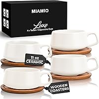 MIAMIO – 320 ml., Set of 4 Ceramic Tea Cup and Saucer Bamboo/Tea Mug - Wide Cappuccino Cup, Coffee Cups Ceramic Mug for Cappu