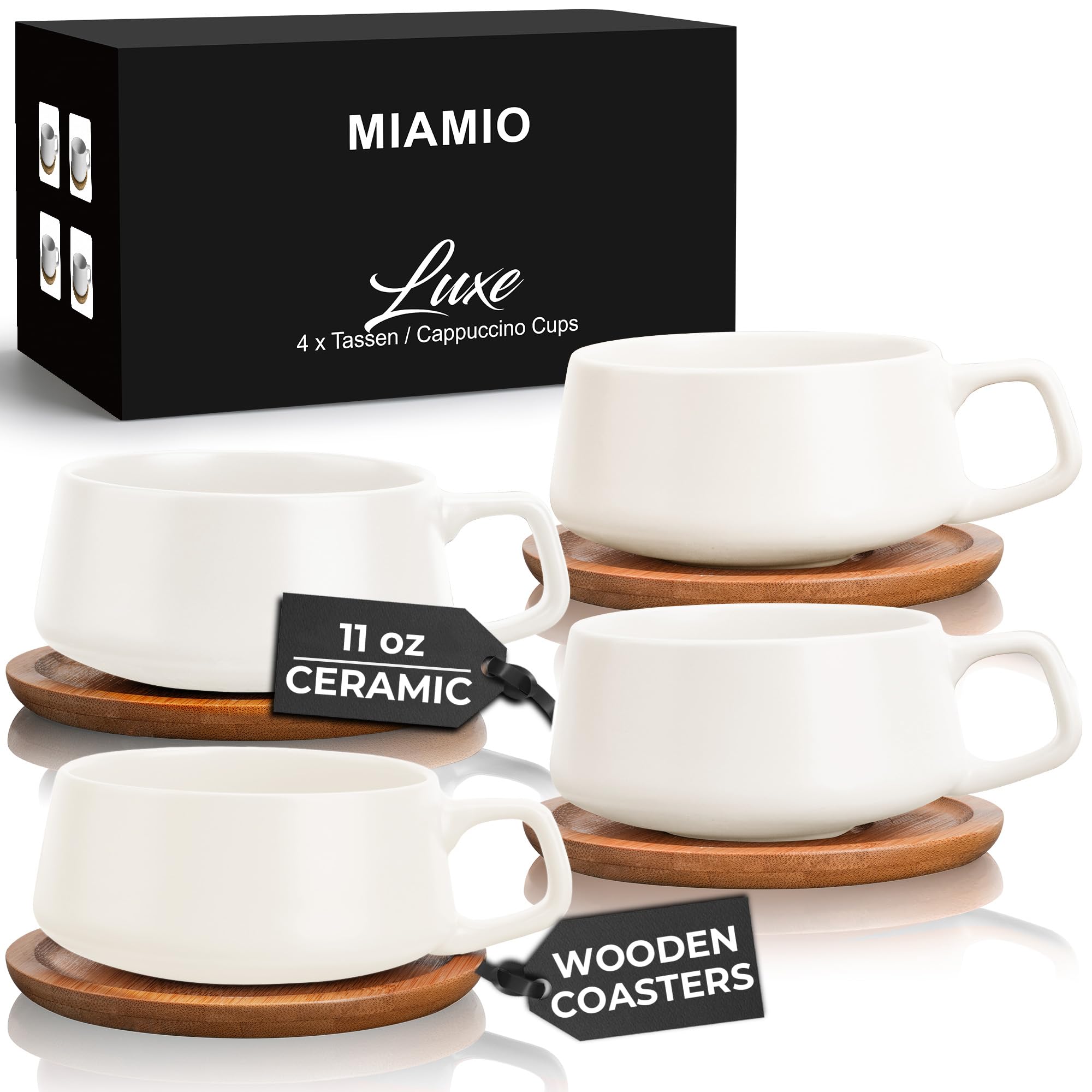 MIAMIO – 320 ml, Set of 4 Ceramic Tea Cup and Saucer Bamboo/Tea Mug - Wide Cappuccino Cup, Coffee Cups Ceramic Mug for Cappuccino, Latte, Espresso & Americano - Luxe Collection (White)