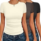 Ekouaer Womens Short Sleeve Shirts 3 Pack Crew Neck Tops Slim Fit Basic Tees Trendy Clothes Base Layer