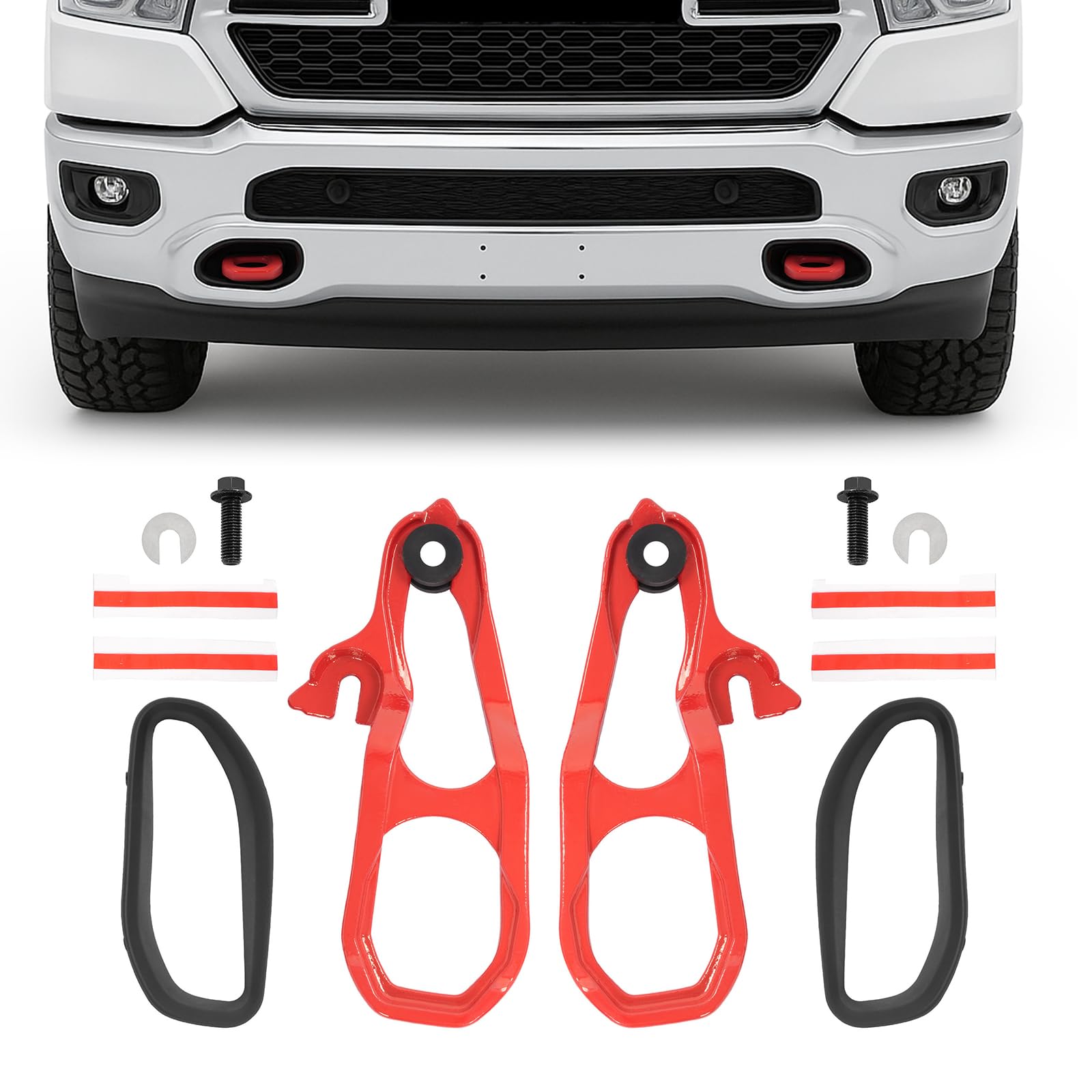Photo 1 of Gelacie Left&Right Red Front Tow Hooks Compatible with 2019-2024 Ram 1500 DT W/Black Frames & Hardware Replacement for 68272944AB 68265144AA 68272945AB 68272945AA 68274701AB 68274701AA Steel+Plastic