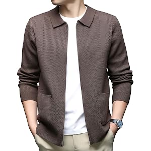 Womleys Men's Lapel Collar Cardigan Sweater Full Zip Closure Knitwear with Pockets