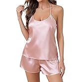 Gtyhggzxf Satin Pajama Set for Women, 2 Piece Silky Lingerie Pink Lace Camisole Top and Shorts, Sleepwear Sets Soft Nightwear