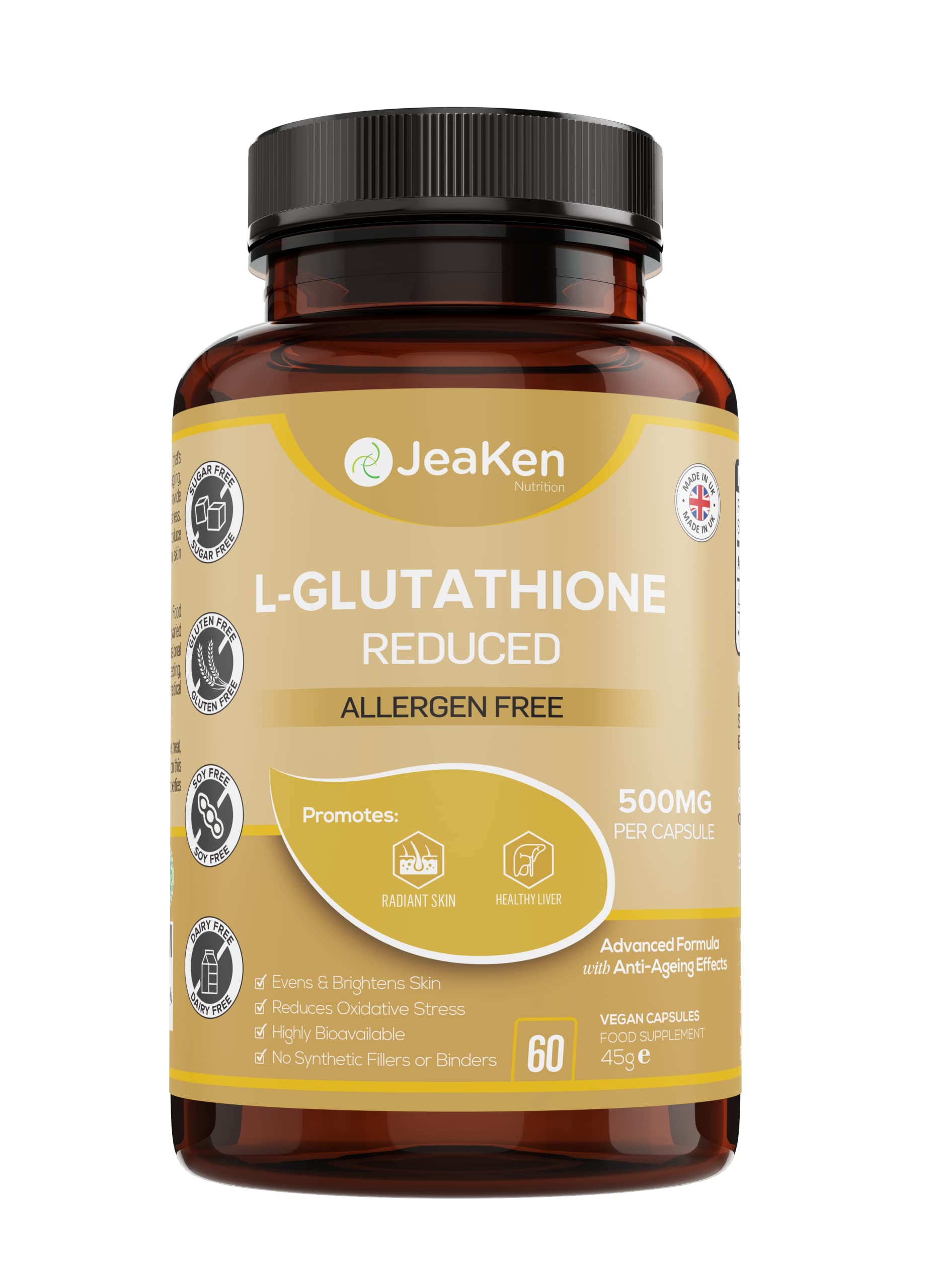 JeaKen - L-Glutathione Reduced - Detoxification Support - Free Radical Neutralizer with Anti-Ageing Effects - Improves Uneven Skin Tone - Allergen Free and Highly Bioavailable - 60 Vegan Capsules