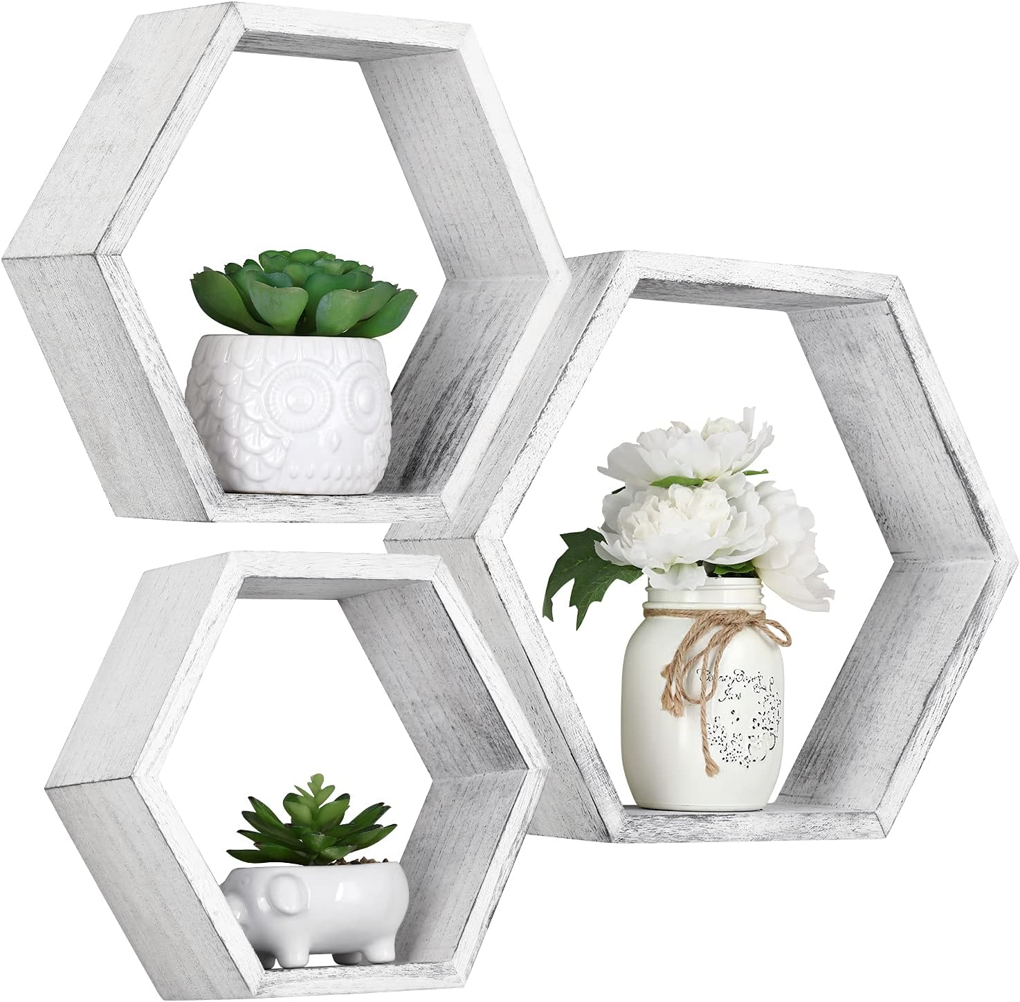 Hexagon Floating Shelves Wall Mounted, Set of 3 Honeycomb Wood Shelf Storage Farmhouse Home Decor for Bathroom, Kitchen, Bedroom, Living Room, Office