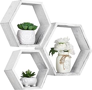 Hexagon Floating Shelves Wall Mounted, Set of 3 Honeycomb Wood Shelf Storage Farmhouse Home Decor for Bathroom, Kitchen, Bedroom, Living Room, Office