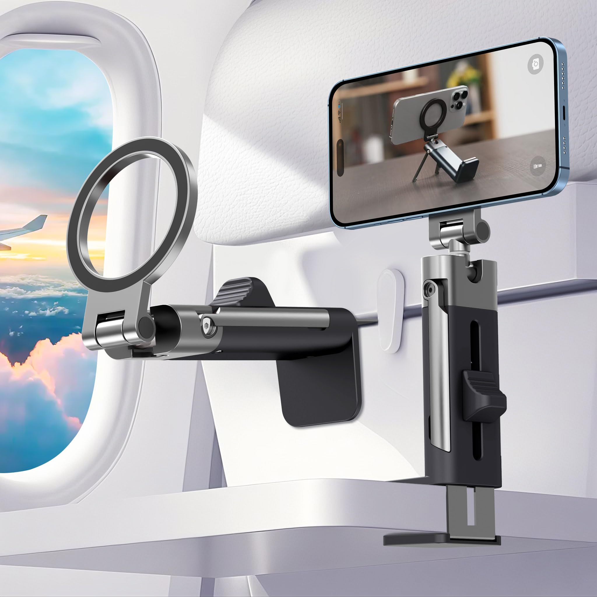 SOGUE Airplane Travel Essentials Men Phone Holder,Plane Phone Mount for MagSafe,Foldable Magnetic Phone Stand for Desk 360° Swivel Universal in Airplane Gadgets Spring Break Essentials for iPhone 17