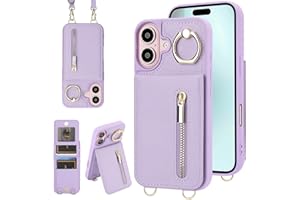 KYFSJPT Crossbody Wallet Case for iPhone 16 Plus, with Card Slots Zipper Pocket Case, Flip Folio Purse RFID Blocking with Ring Kickstand Detachable Strap-Purple