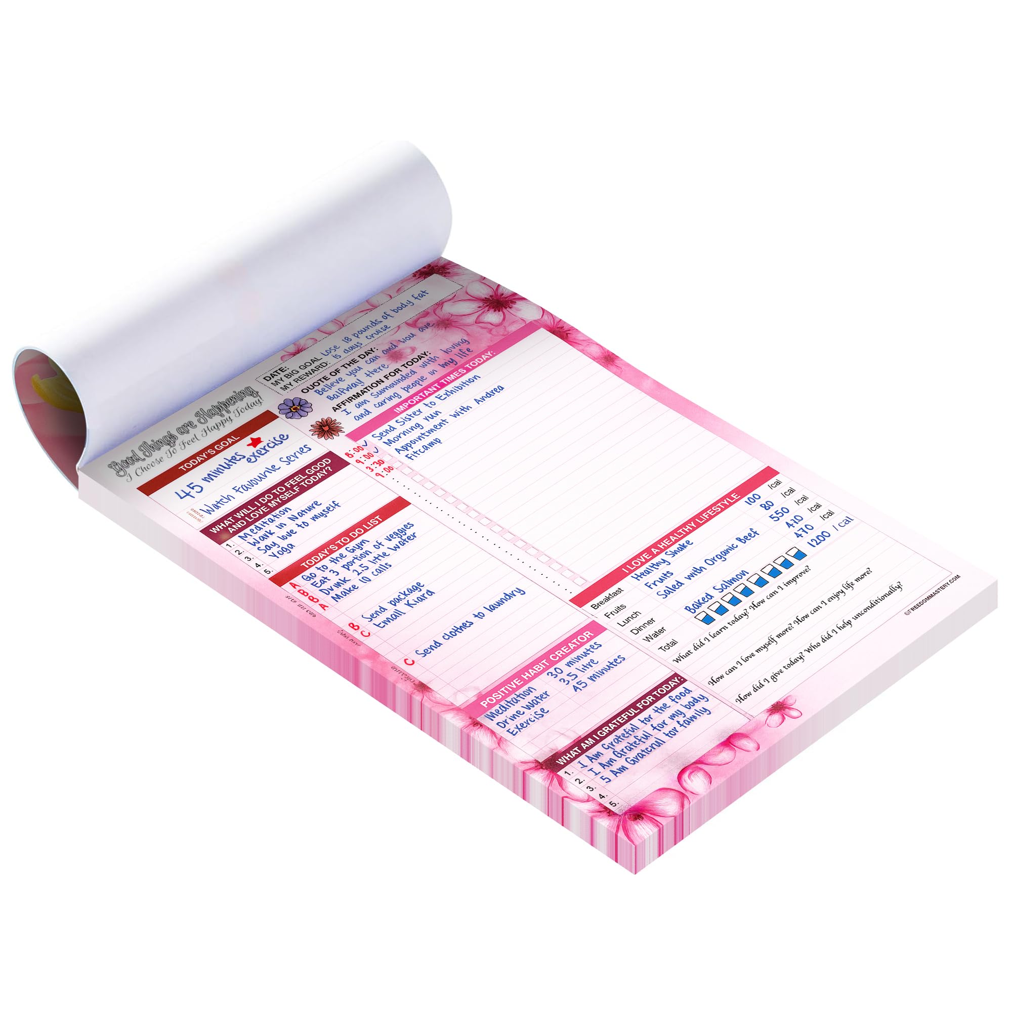 Freedom Mastery - Daily To-Do List Notepad with 90 Day Planner, Gratitude, Habit Tracker, Affirmation, Manifestation and Personal Organized in One - (6" X 9" Pink Flowers)