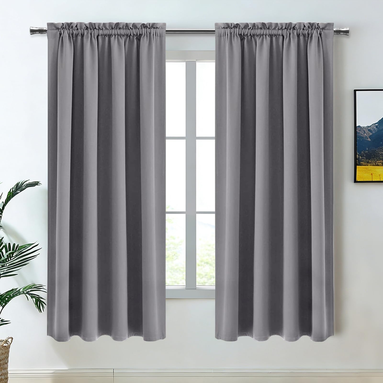 DWCN Blackout Curtains for Bedroom - Thermal Insulated Privacy Energy Saving Rod Pocket Drapes for Living Room, W 38 x L 63 Inch, Grey, Set of 2