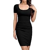 Missufe Women's Scoop Neck Short Sleeve Ruched Bodycon Sundress Ribbed Knit Slim Fit Casual Pencil Dress