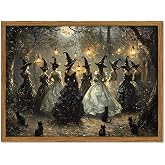 Framed Vintage Halloween Witch Wall Art, Dark Academia Gothic Black Cat Pictures Wall Decor, Witchy Forest Paintings Canvas Prints Moody Home Decor for Living Room Bedroom Bathroom 12x16 Inch