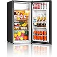 Seaoola Mini Fridge with Freezer, Single Door 3.1 Cu.Ft, Compact Mini Refrigerator, LED Light, Adjustable Thermostat, Removable Glass Shelves, Small Refrigerator for Dorm/Office/Bedroom(Black)