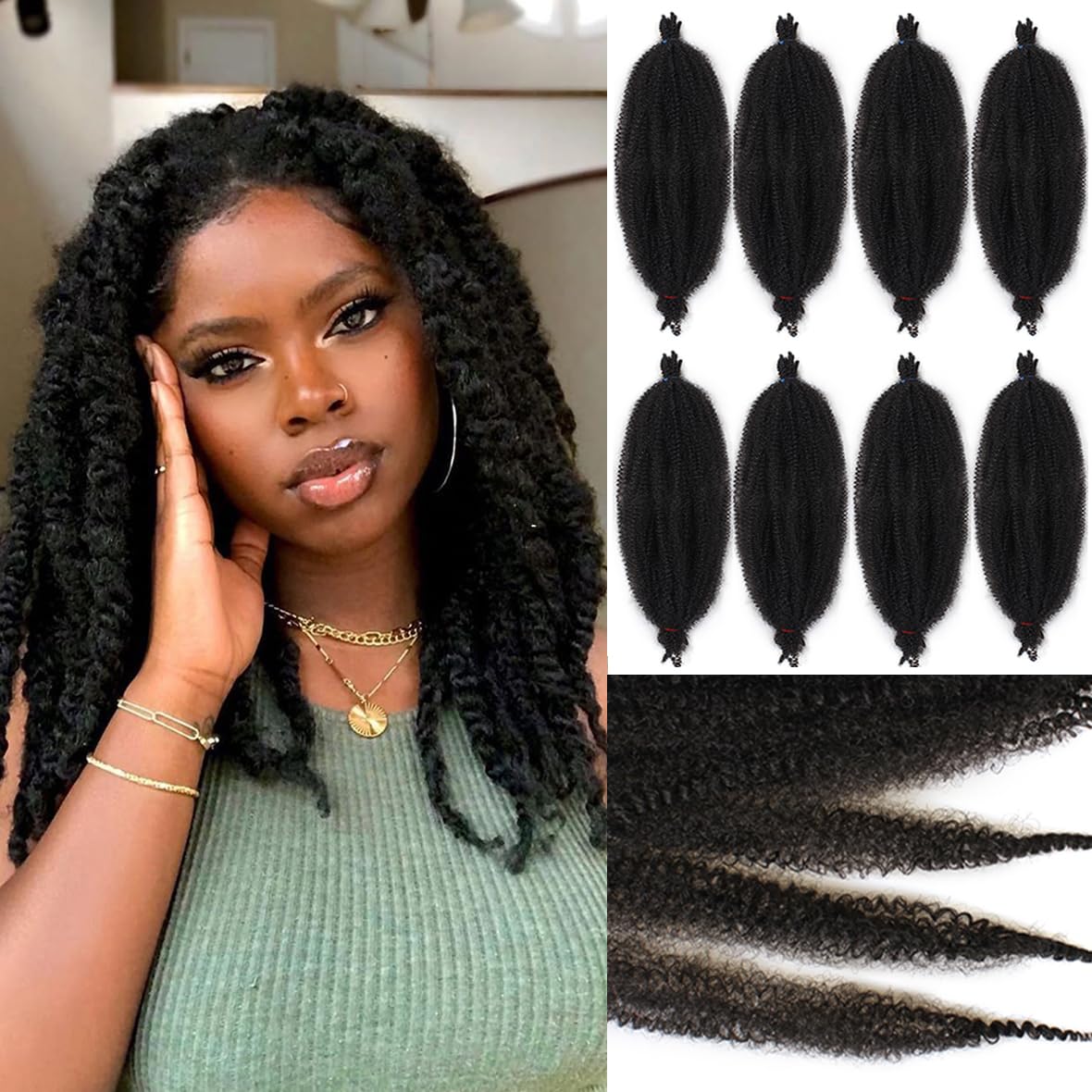 Leeven 12 Inch Springy Afro Twist Hair for Faux Locs Pre-Separate Popping Spring Twist Crochet Hair for Distressed Locs 8 Packs Afro Kinky Curly Marley Braiding Hair Extensions /1B# — image 1