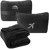 BlueHills Travel Blanket Pillow in Mini Soft Packable Case Premium Plush Airplane Blanket in Portable Compact Pack with Luggage Belt and Carabiner Long Flight Throw Essentials Lightweight- Black M05