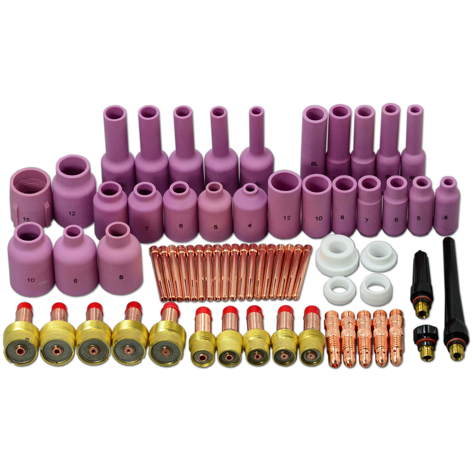 RIVERWELD TIG Gas Lens Collet Bodies 10N 45V Jumbo Large Diameter Long Alumina Nozzle Ceramic Cups 10N 53N 54N 57N Series Assorted Kit for QQ300 PTA DB SR WP 17 18 26 TIG Welding Torch 67pcs