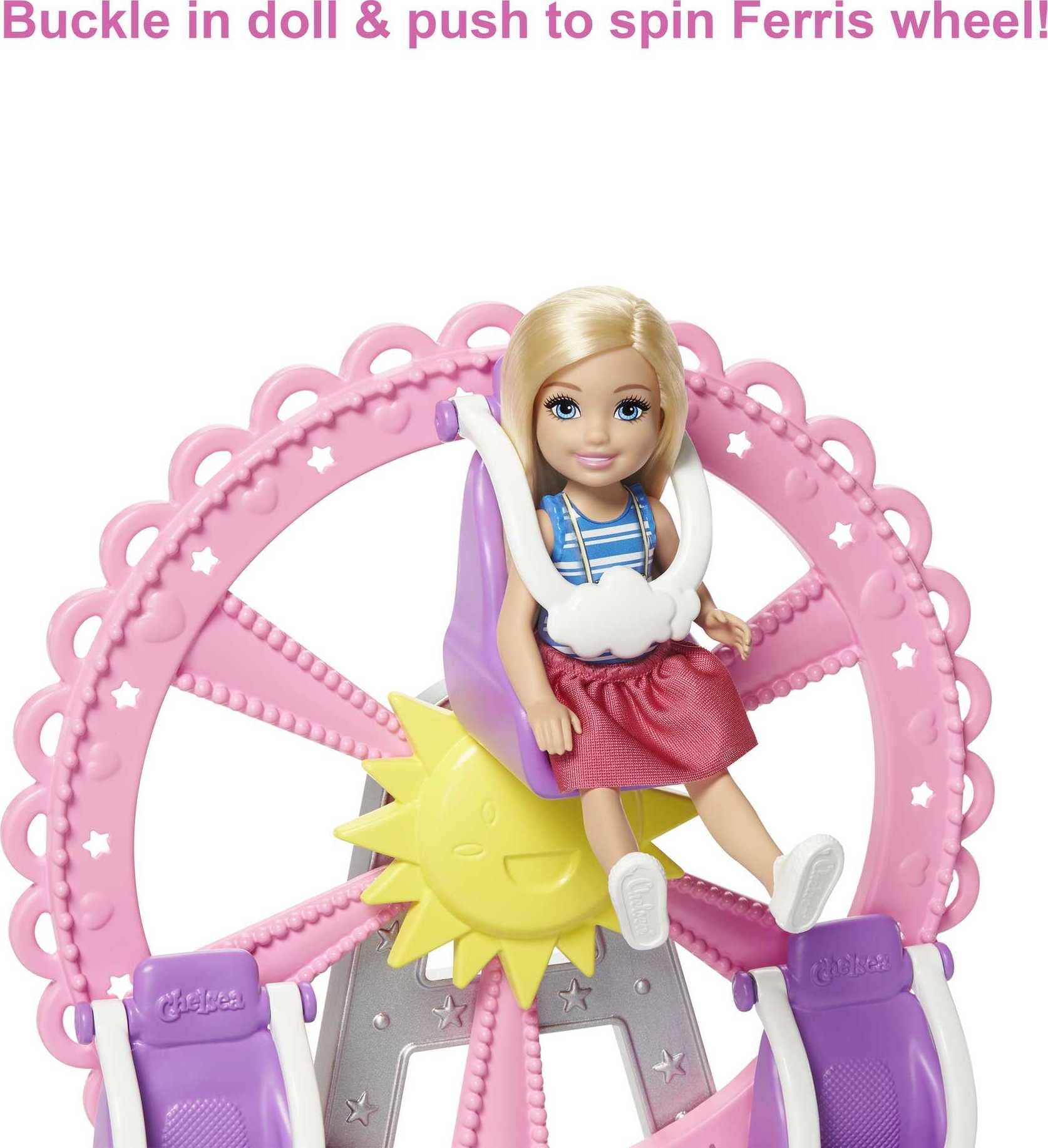 Barbie Club Chelsea Carnival Playset with Blonde Small Doll, Pet & Accessories, Spinning Ferris Wheel, Bumper Cars & More