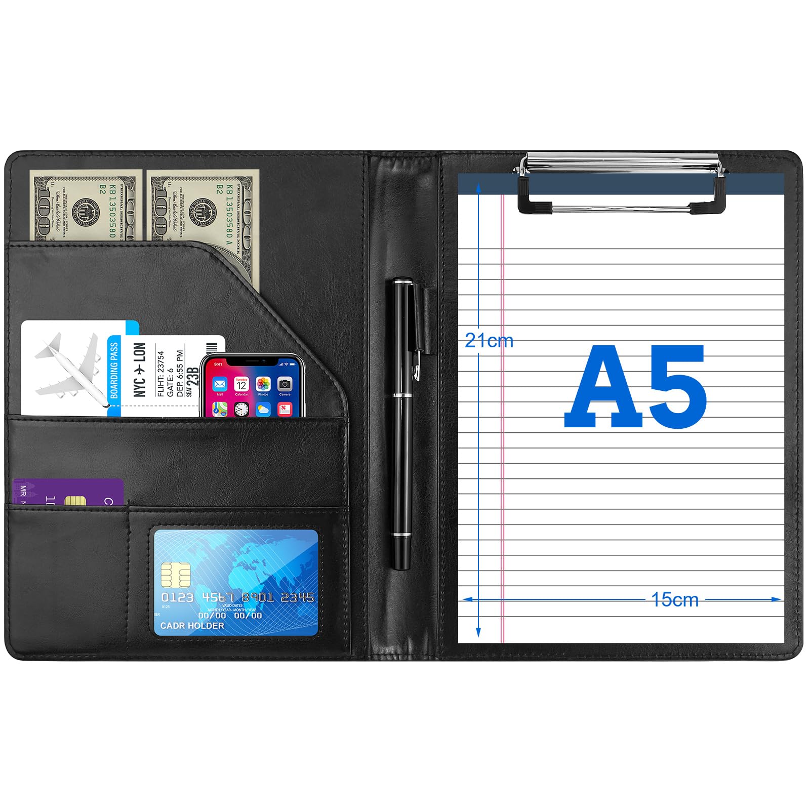Clipboard Folder A5, Multifunctional Business Leather Document Clip Board, Folder A5 Clipboard Conference Folder A5 Clipboard Portfolio or Work Writing Conference Report with A5 Paper&Pen, Black