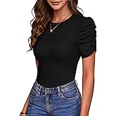 Remidoo Puff Sleeve Tops for Women Short Sleeve Top Casual Crewneck Rib Knit Fitted T Shirt