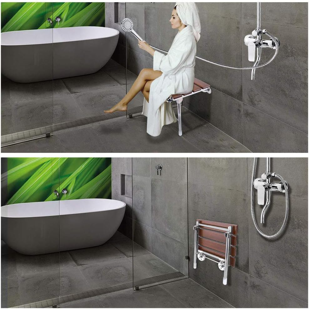 JCWANGDEFU Folding Shower Seat Wall Mounted Bathroom Bathtub Safety Stool Chair, Solid Wood, with Support Legs, Load of 350 lbs, 14.88"(L)*12"(W)*17.12"(H): Home & Kitchen