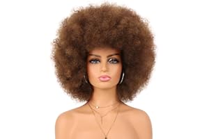 G&T Wig 70s Afro Puff Mixed Brown Wigs for Black Women Glueless Wear and Go Wig Natural Looking Fluffy and Large Bouncy Afro Wigs for Daily Party Use