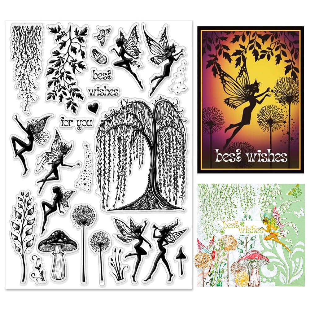 INFUNLY Fairies Clear Stamps for Card Making DIY - Trees, Butterflies, Dandelion, Best Wishes, Magic, Mushroom Silicone Stamp for Craft Scrapbooking Decor