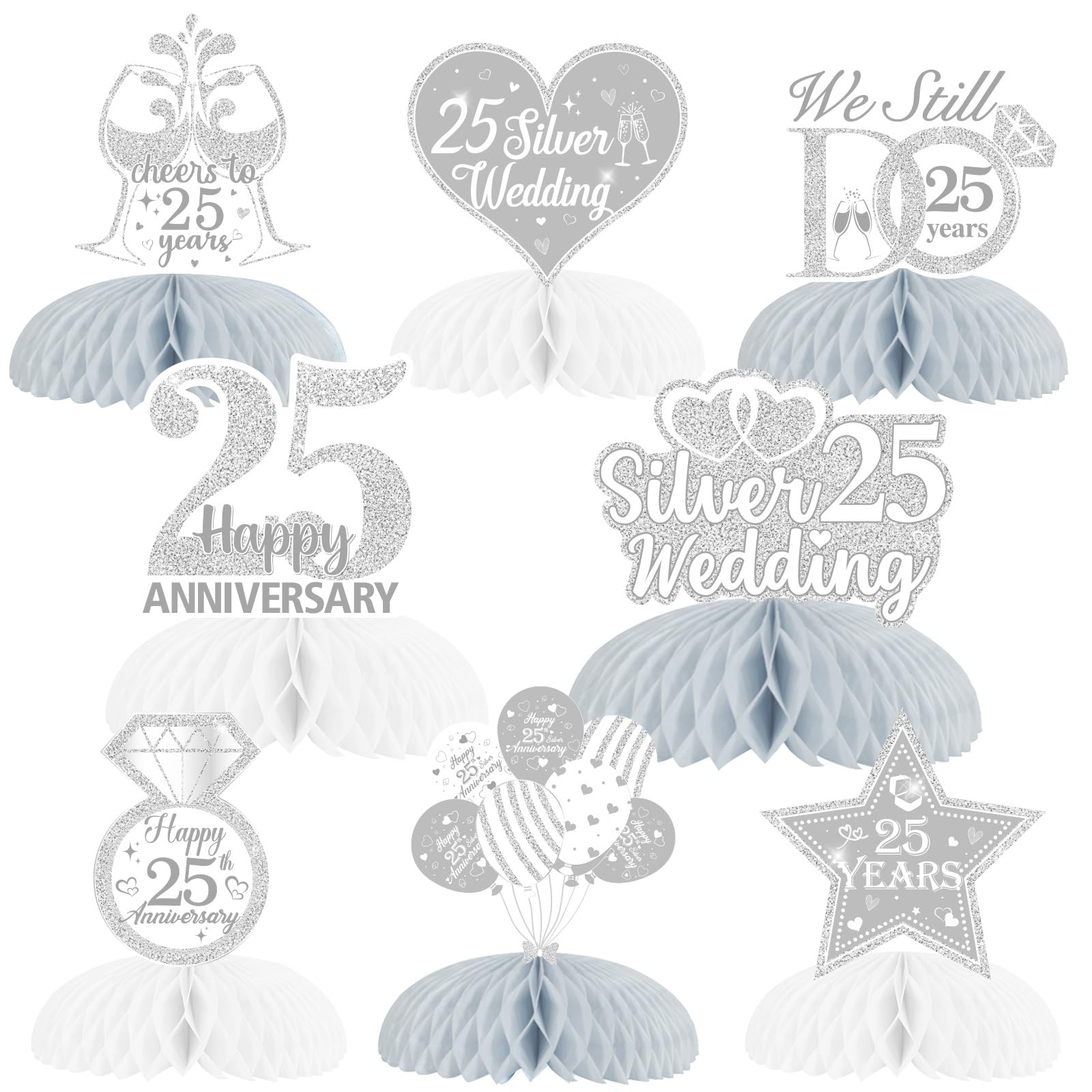 Fangleland 8Pcs Silver Wedding Table Decorations, Honeycomb Centerpieces Table Toppers Cheers to 25th Wedding Anniversary Honeycomb Table Topper for Happy Anniversary Decorations Romantic