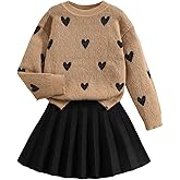 BEAUDRM Girl's 2 Piece Cute Outfits Heart Graphic Long Sleeve Crewneck Sweater and Pleated Knit Skirt Sets