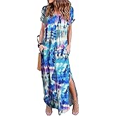 Arolina Women Summer Maxi Dress Short Sleeve V Neck Casual Loose Long Split Dresses Beach Vacation Sundress with Pockets