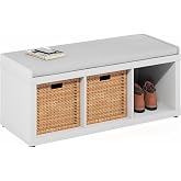 Furinno Cubicle Storage Bench, Shoe Bench with Padded Seat Cushion, 3-Cube Open Shelves Entryway Bench, for Closet, Entryway, Living Room, White