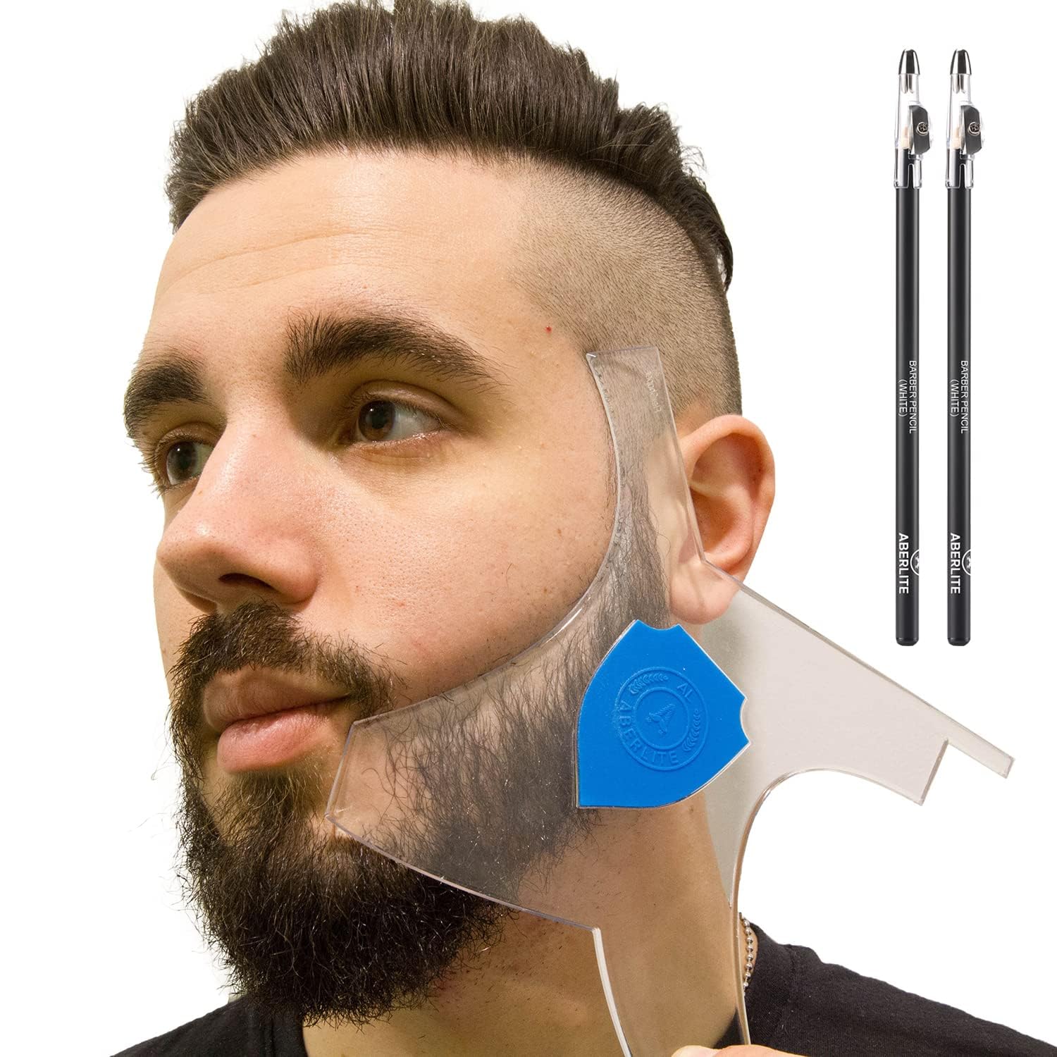 Aberlite Beard Shaper - Lineup Lineup Tool with Hairdresser Pencil (White) - Long Edges | Anti-Slip - The Ultimate Beard Shaping Tool (Blue)