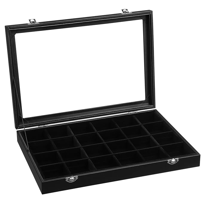 SONGMICS Caja Joyero, Bandejas para Joyas, con Tapa de Cristal y Candado, con 24 Compartimientos, Negro, JDS303