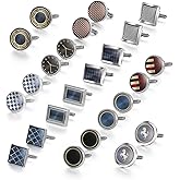 wynameleri Cufflink 12 Pairs, Classic Fashion Men's Cuff Links Silver-Tone Gold-Tone Black for Business Wedding Party Gift Box