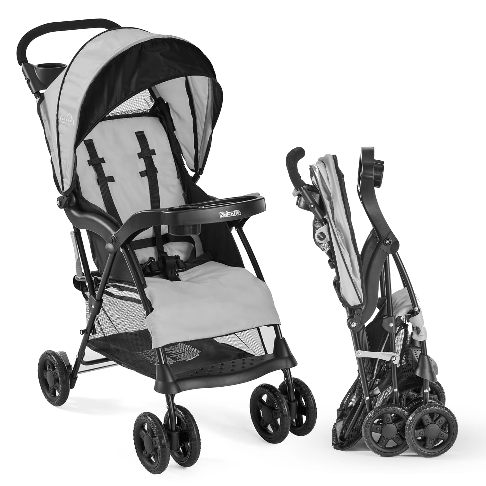 Photo 1 of Kolcraft Cloud Plus Lightweight Umbrella Stroller for Toddlers with Reclining Seat, Large Storage Basket, Canopy, Infant & Parent Trays, Compact Fold for Summer Travel, Durable Frame, Slate Gray