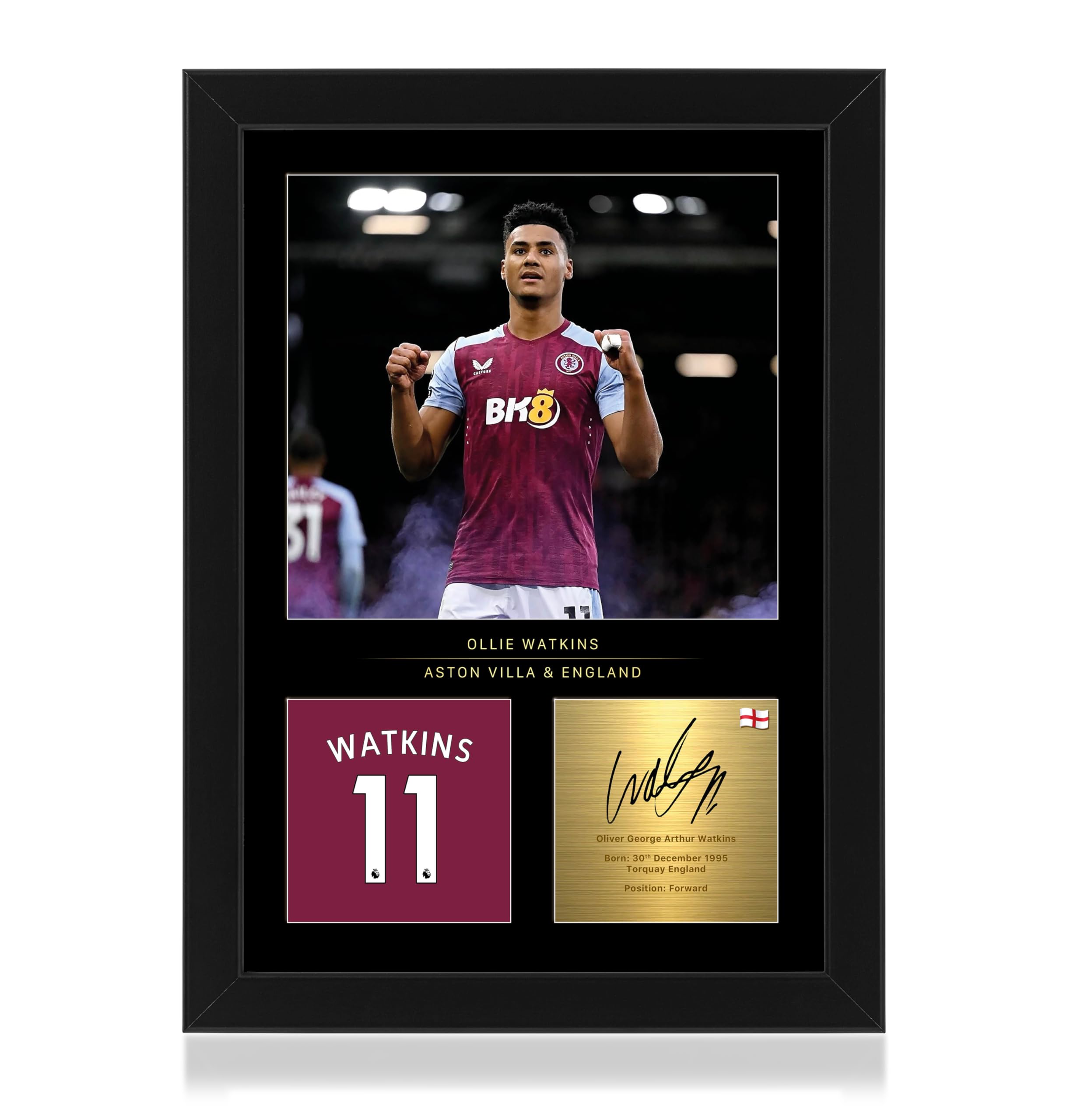 Win FC Ollie Watkins A4 Framed Photo Display - Reproduced Digital Signature - Gift For Aston Villa Fans