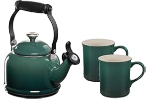 Le Creuset Enamel On Steel Demi Kettle with Metal Finishes & Stoneware Set of 2 Mugs, 1.25 qt. Kettle & (2) 14 oz. Mugs, Artichaut