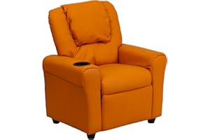 Flash Furniture Vana Vinyl Kids Recliner with Cup Holder, Headrest, and Safety Recline, Contemporary Reclining Chair for Kids, Supports up to 90 lbs., Orange