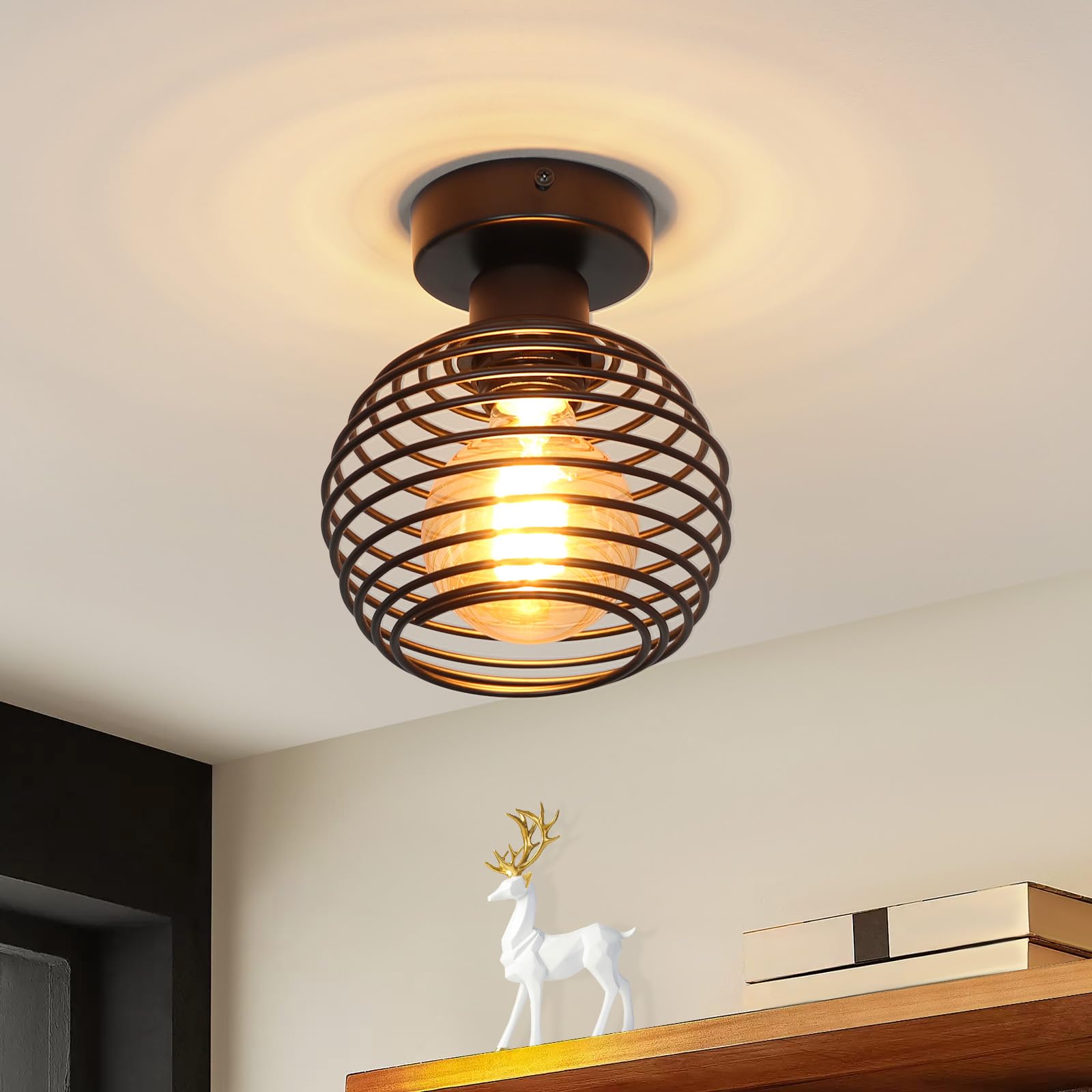 ZMH Hallway Ceiling Light Fitting Black Ceiling Lights - E27 Vintage Semi Flush Mount Industrial Cage Retro Metal Hanging Ceiling Mount Light Fixture - for Kitchen, Bedroom - Without Bulb