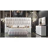First of a Kind Orion King Size Bed - Modern White King Bed with Storage &amp; Folded Wooden Slats Frame, Adjustable Legs - Extra Storage Space for Clutter Free Bedroom, White