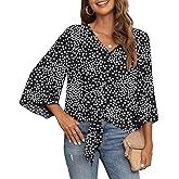 VIISHOW Women's Button V Neck Chiffon Tops 3/4 Bell Sleeve Tie Knot Casual Blouses Loose Summer Shirts
