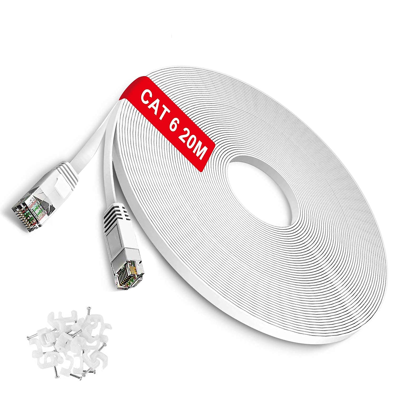 TBMax Cat6 Ethernet Cable 20m Long, Flat Internet Cable High-Speed Gigabit RJ45 Lan Network Cable - OFC - Compatible with Cat5/Cat5e/Cat7 Cables, White