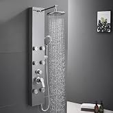 ROVATE Shower Panel Tower System with Adjustable 6 Body Jets, Brushed | Stainless Steel Shower Column with Height Adjustable Shower Arm, Self-Cleaning Rainfall Shower &amp; Handheld, Rough-in Valve