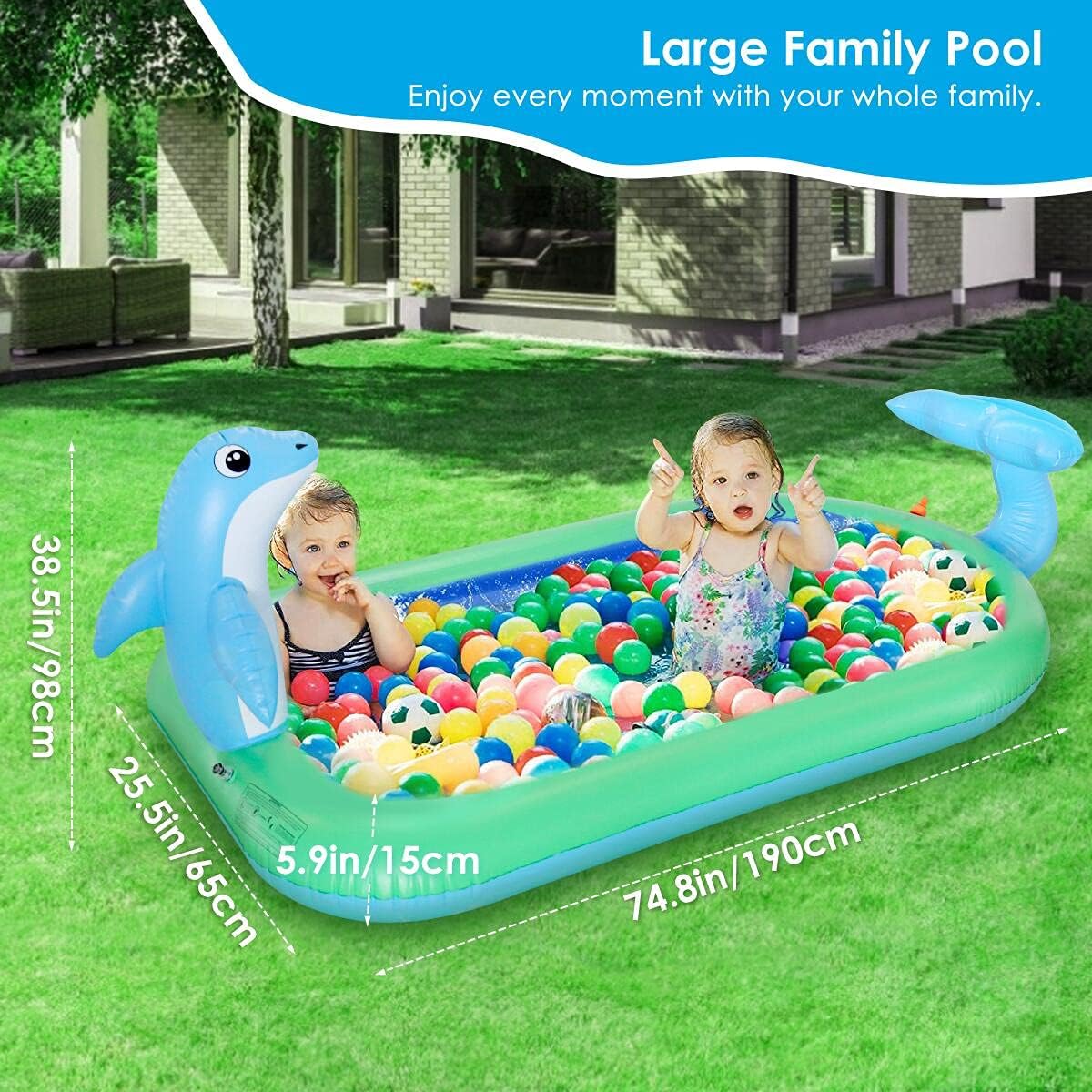 HALOFUNS Inflatable Sprinkler Pool for Kids, 75" x 26" Kiddie Pool with Splash, Dolphin Swimming Pool Sprinkler Pad Summer Outdoor Water Toys for Toddlers Girls Boys: Toys & Games