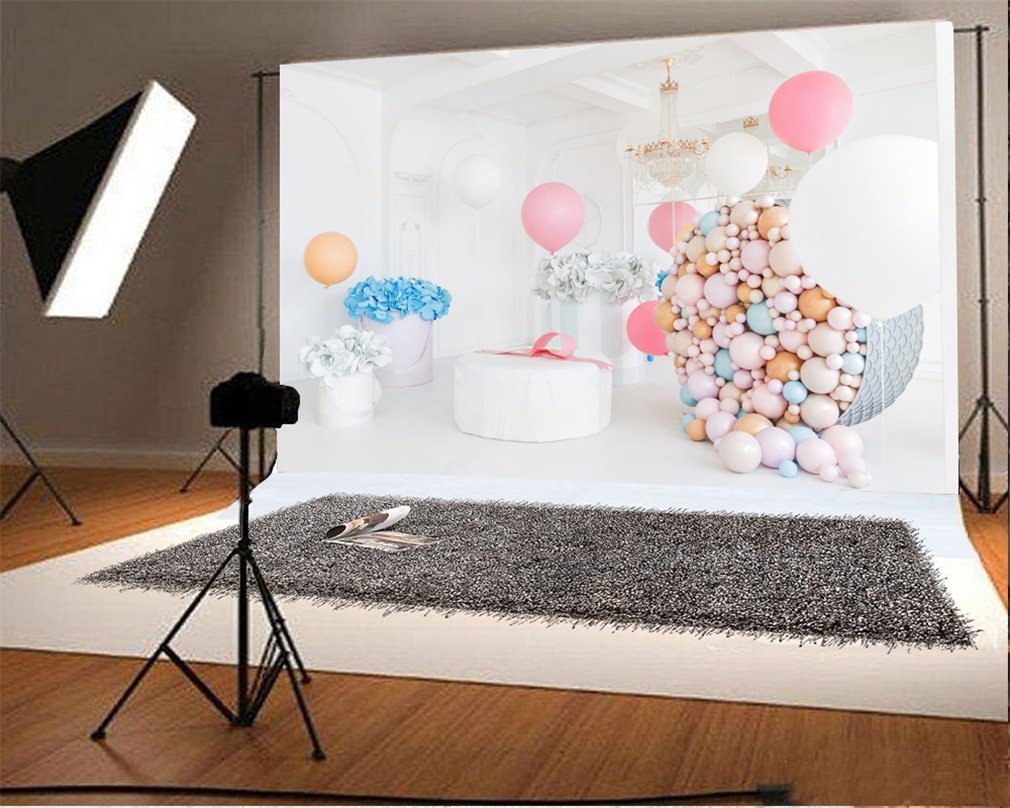 YongFoto 5x3ft Photography Backdrop Interior Paper Flowers Balloons Droplight Gifts Birthday Girl Princess Photo Background Backdrops Photography Video Party Newborn Kids Baby Photo Studio Props