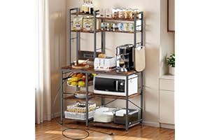 Luckyeestar Kitchen Bakers Rack with Power Outlet, 35.4" 6-Tier Microwave Stand, Coffee Bar with 12 S-Shaped Hooks, Adjustable Feet Pads&150lbs CapacityKitchen Shelf with Wire Basket, Rustic Brown