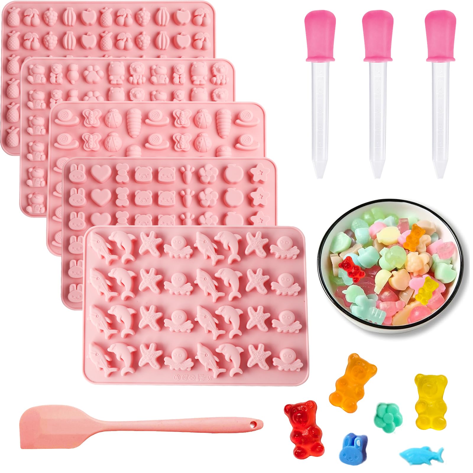 MIYUANGKJ Pack of 5 Gummy Bear Moulds - Silicone Dog Biscuits & Chocolate Moulds - Heart Shaped for Sweets & Jelly - Pink Set