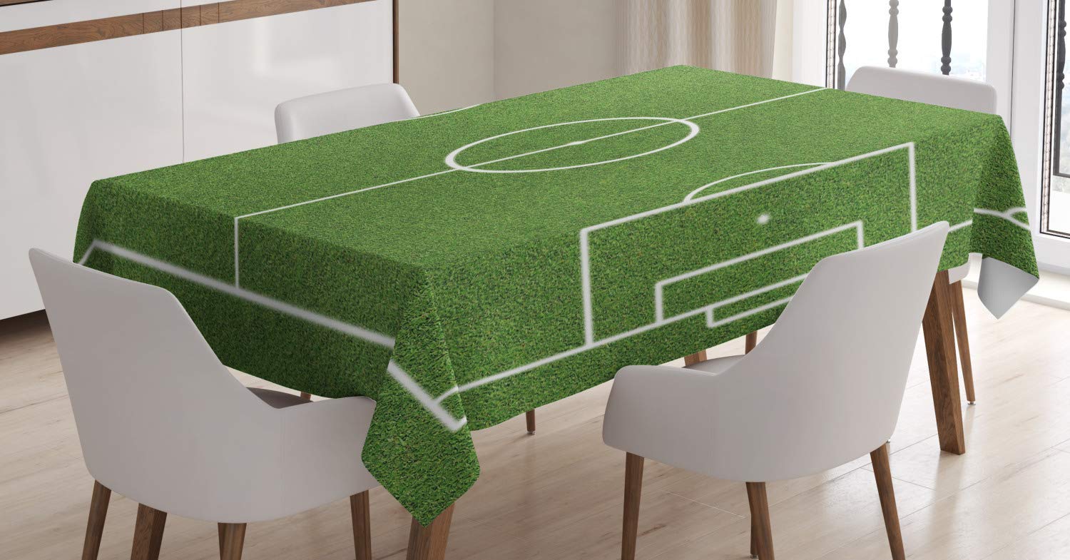 ABAKUHAUS Teen Room Tablecloth, Soccer Field Grass Motif Stadium Game Match Winner Champion Sports Area, ining Room Kitchen Rectangular Table Cover, 54 W X 94 L, Fern Green White